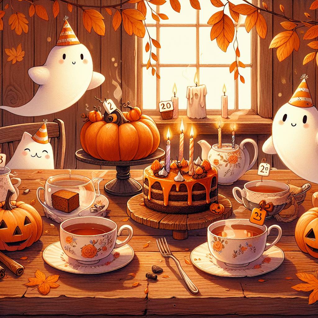 1) Birthday AI Generated Card - Ghosts, afternoon tea ,cats autumn (ccc0c)