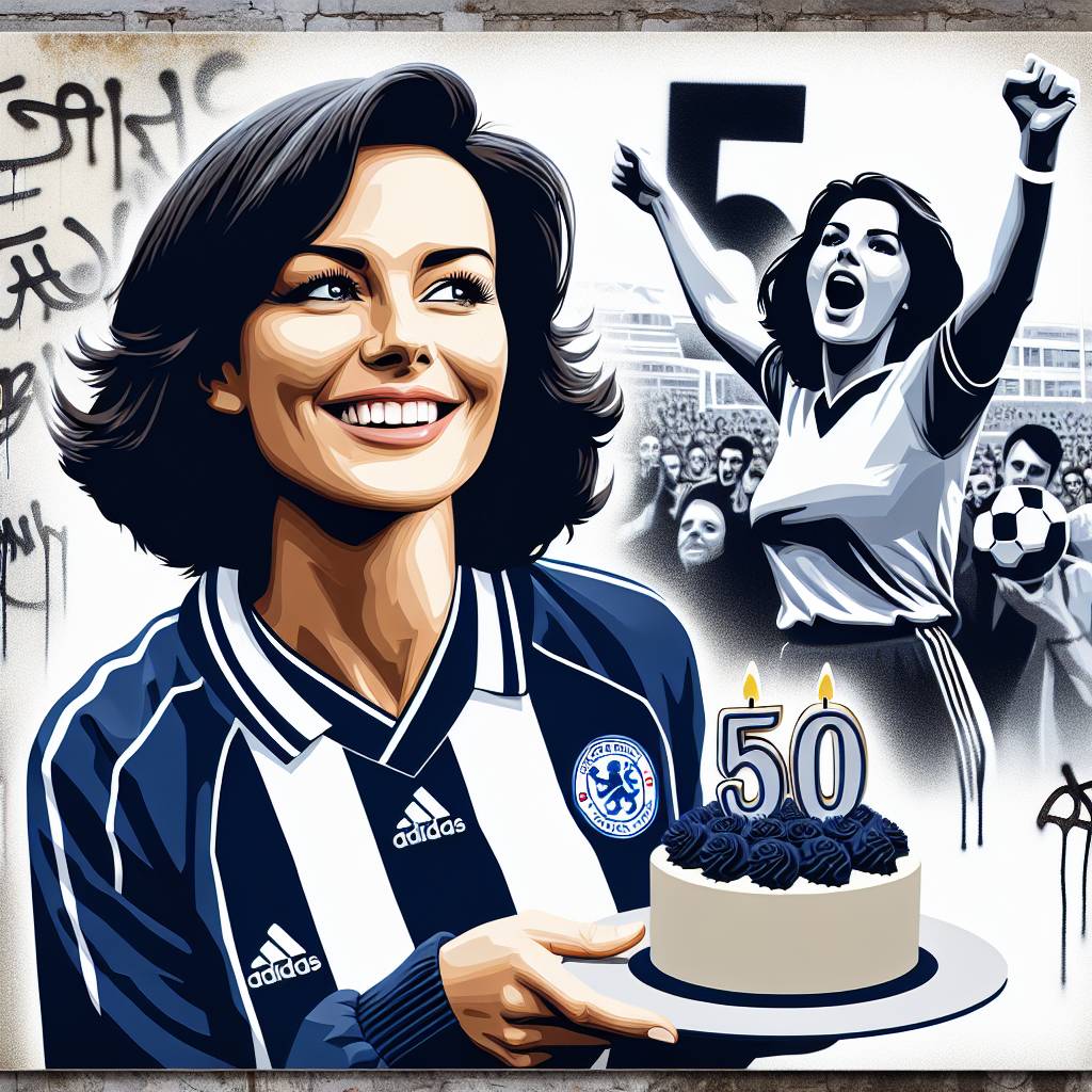 1) Birthday AI Generated Card - 50th birthday, Tottenham Hotspur soccer club fan, Female, Dark hair, and Banksy (08335)