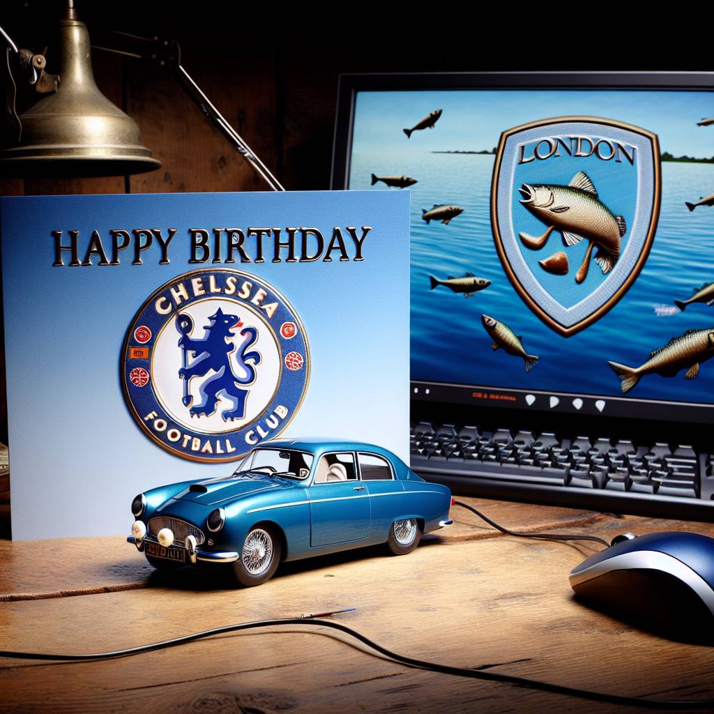 2) Birthday AI Generated Card - 50th birthday Subaru blue 555 card Chelsea football club Computer fishing (bf07d)