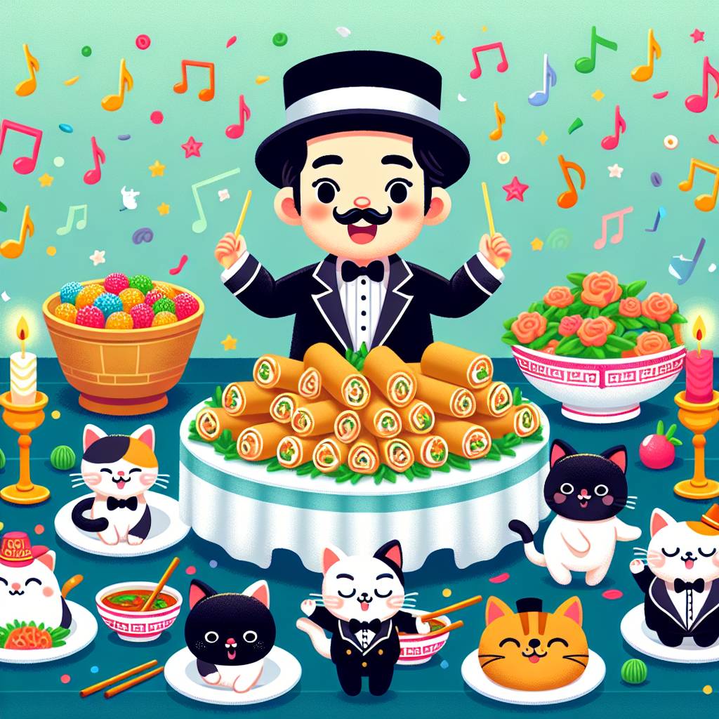 2) Birthday AI Generated Card - Spring rolls, Chinese food, tuxedo cats, music, hitler (b32dd)
