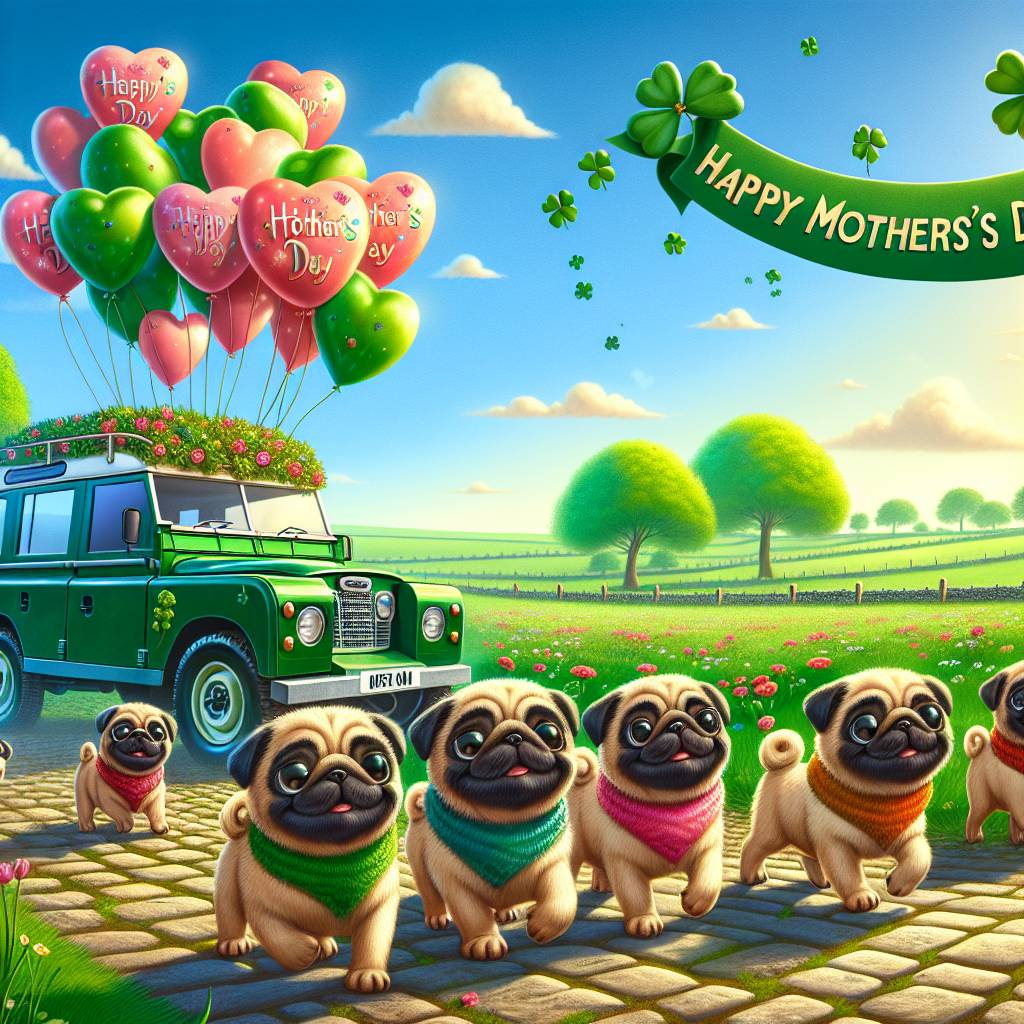 2) Mothers-day AI Generated Card - Pugs, Ireland, and Land Rover  (66225)