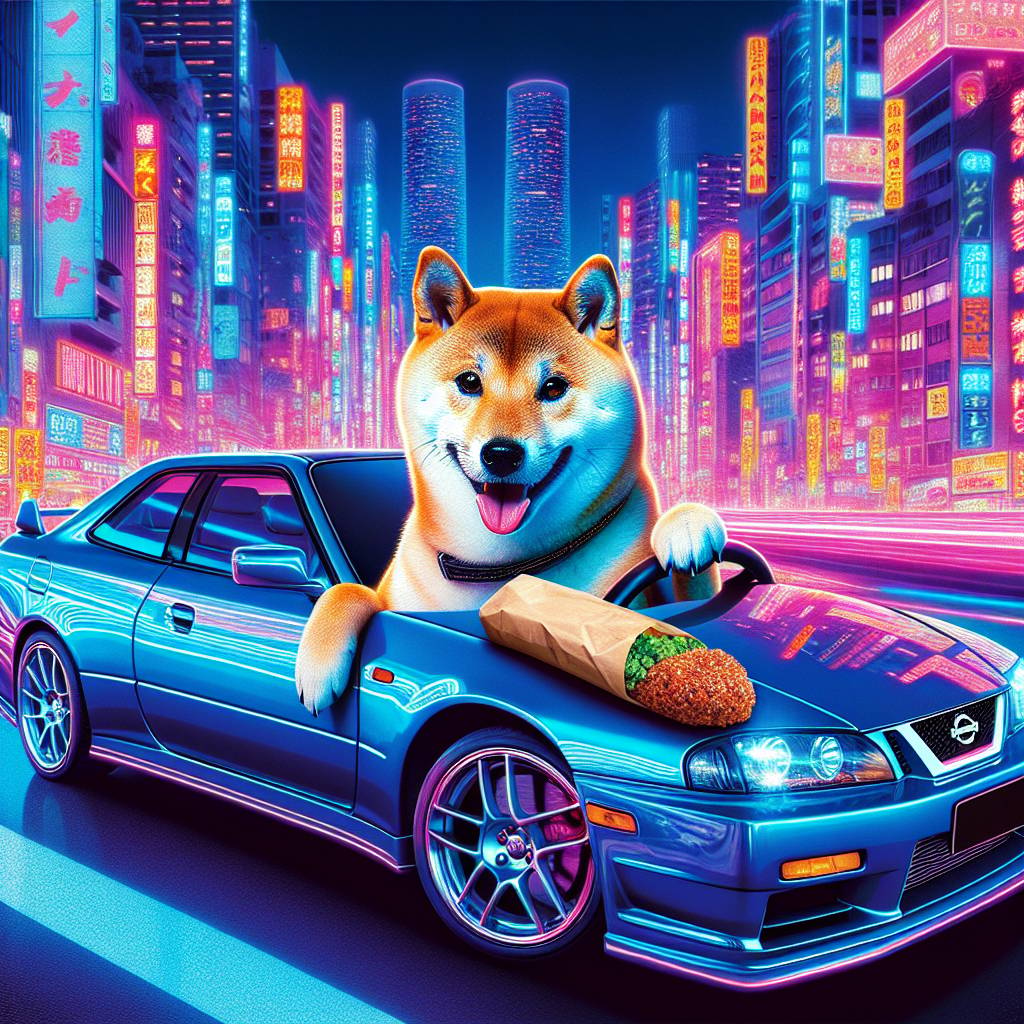 1) Birthday AI Generated Card - Shiba Inu driving a blue Nissan skyline and holding a mixed meat wrap from the takeaway (dbe20)