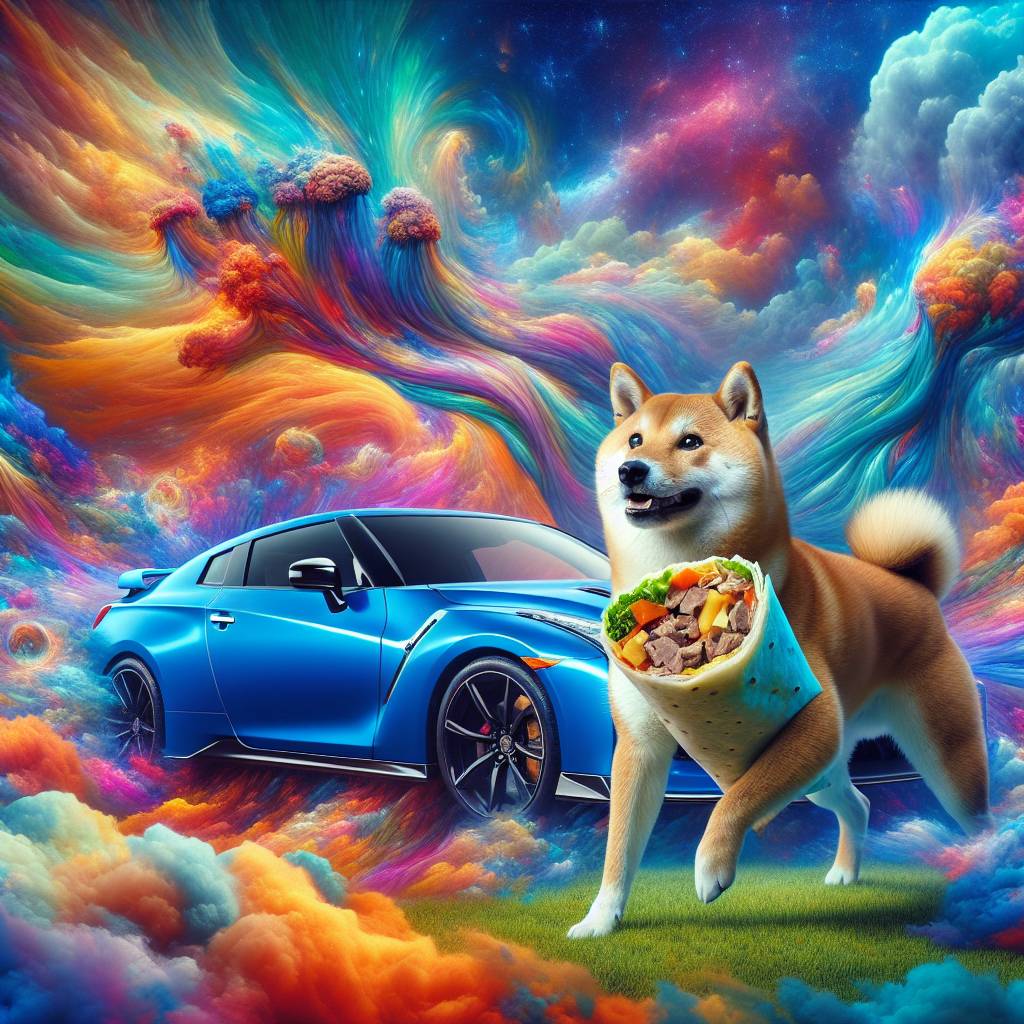 2) Birthday AI Generated Card - Shiba Inu driving a blue Nissan skyline and holding a mixed meat wrap from the takeaway (ab691)