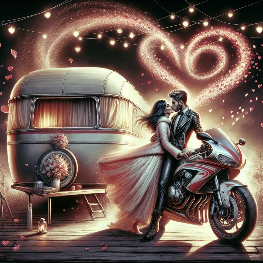 2) Valentines-day AI Generated Card - Couple kissing , Caravan, Ducati sportsbike, and Hearts (e2538)