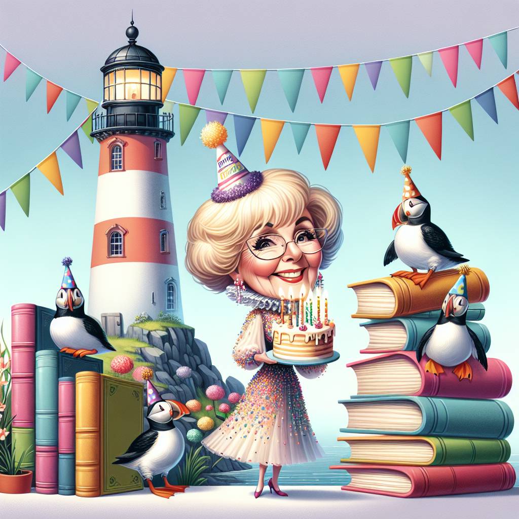1) Birthday AI Generated Card - Taylor swift, Puffins, Books , and Lighthouse (84205)