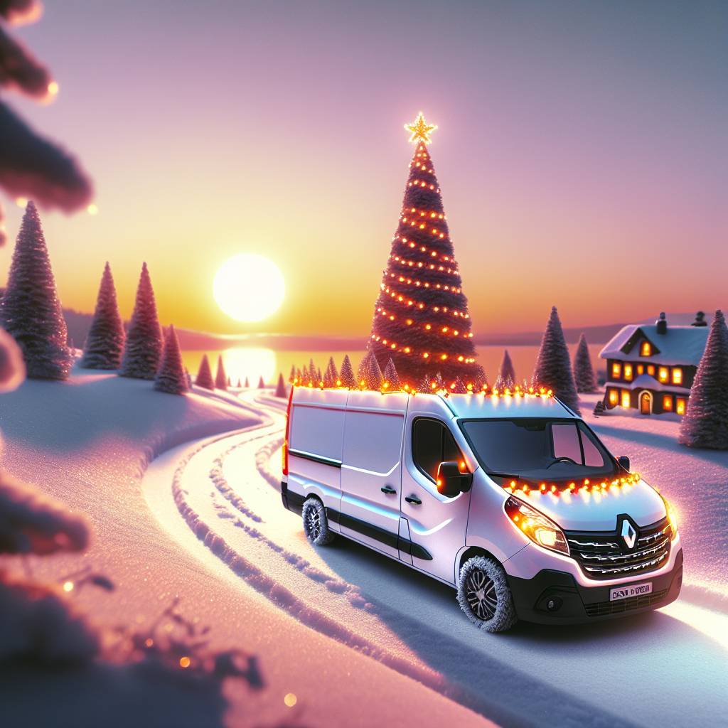 4) Christmas AI Generated Card - White renault master with christmas lights, Driving to the north pole to meet santa, and Snowy, sunset (43018)