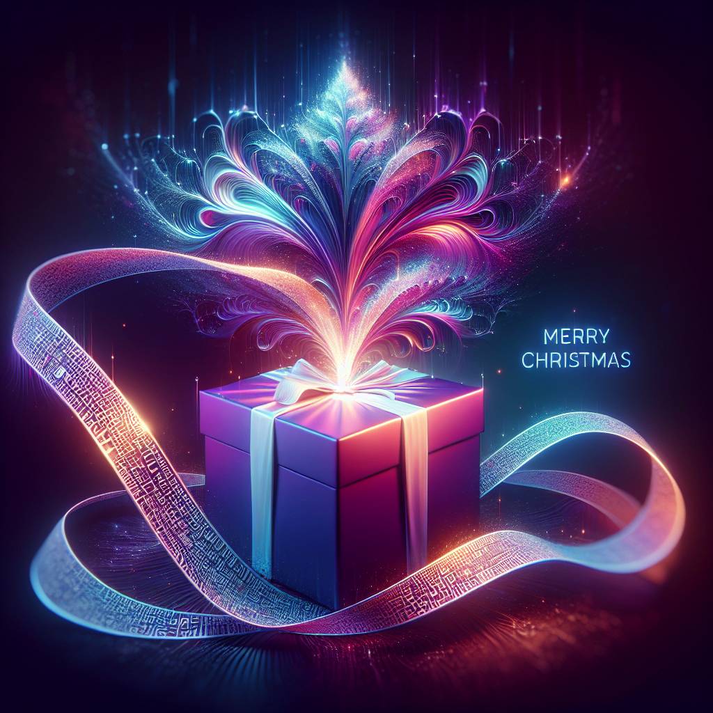 2) Christmas AI Generated Card - Giving Generative AI translation as a present , Present with merry christmas in different languages coming out of it  , and Colours purple and blue  (024d5)