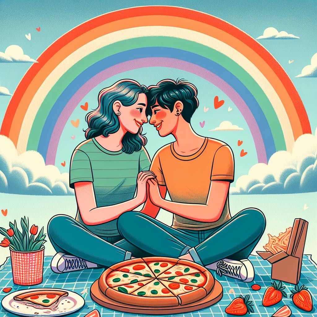 1) Anniversary AI Generated Card - Lesbians, Pizza, and Rainbow (f0735)