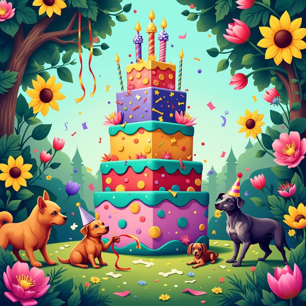 1) Birthday AI Generated Card - Dogs, Cake, and Flowers (1a659)