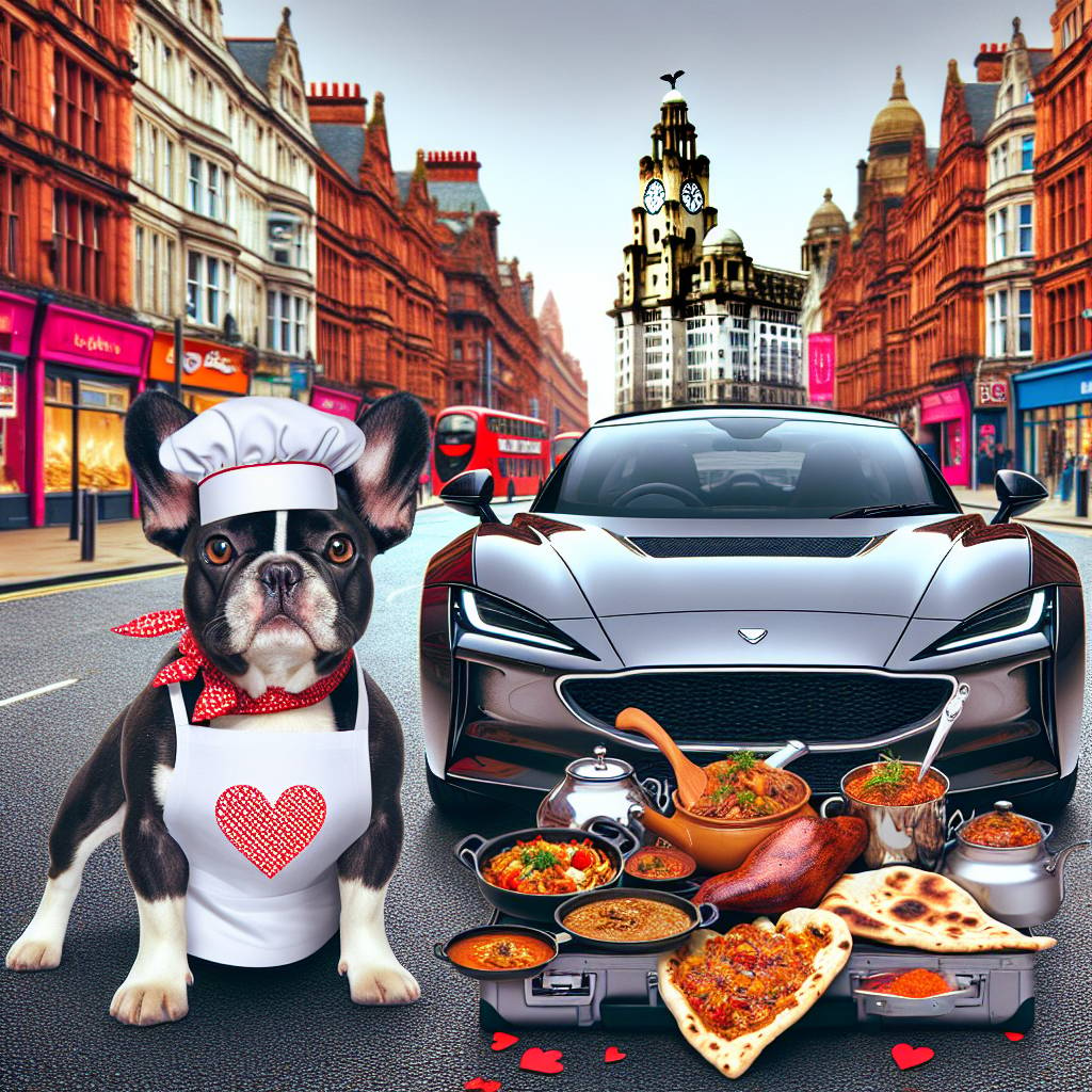 1) Valentines-day AI Generated Card - Black and tan French Bulldog , Indian food, City of Liverpool , and Black Polestar car (6a8e2)