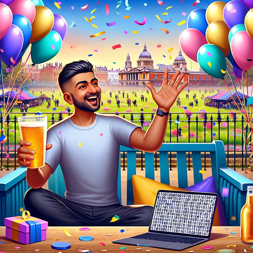 1) Birthday AI Generated Card - very short hair Indian man, 30th birthday, lives in Hammersmith, likes coding, drinking small pint glass (d10fd)