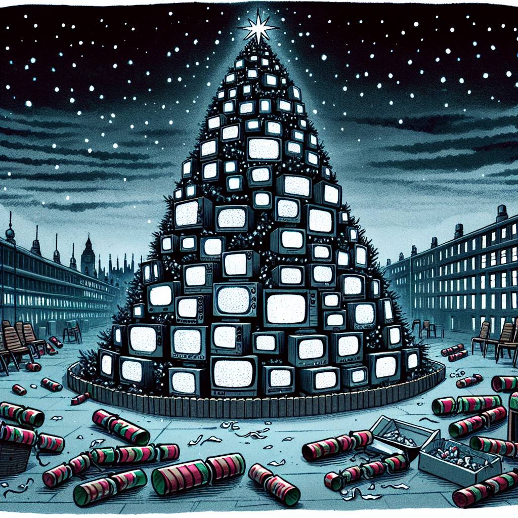 2) Christmas AI Generated Card - Giant christmas tree with televisions as decorations, Christmas crackers, Manchester, Media city, and Stars (dfdbb)