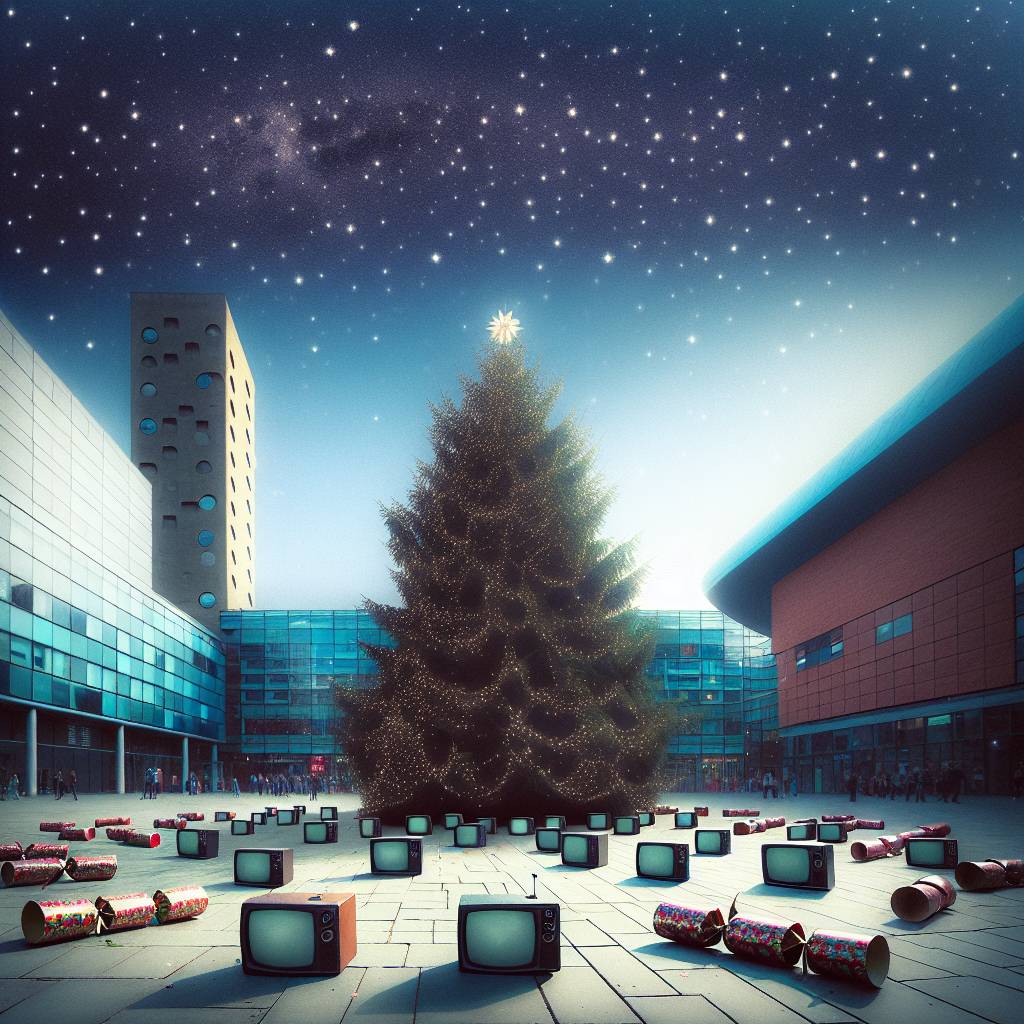 4) Christmas AI Generated Card - Giant christmas tree with televisions as decorations, Christmas crackers, Manchester, Media city, and Stars (f6cce)