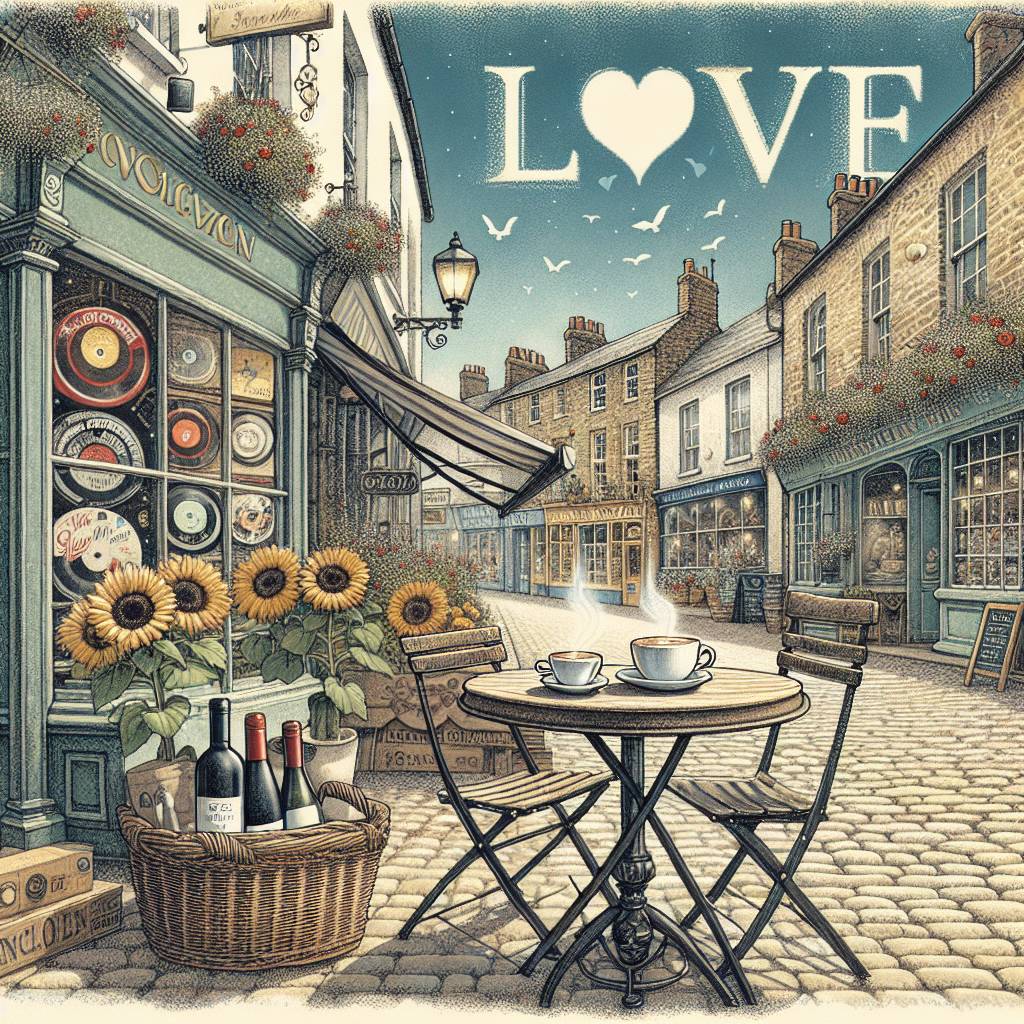 1) Valentines-day AI Generated Card - Bistro table set for two outside a café, Vinyl records, English market street town, Cappuccino on the table, Love, Sunflowers, Shops, Blue sky , Vinyl record shop, and Wine shop (221fb)