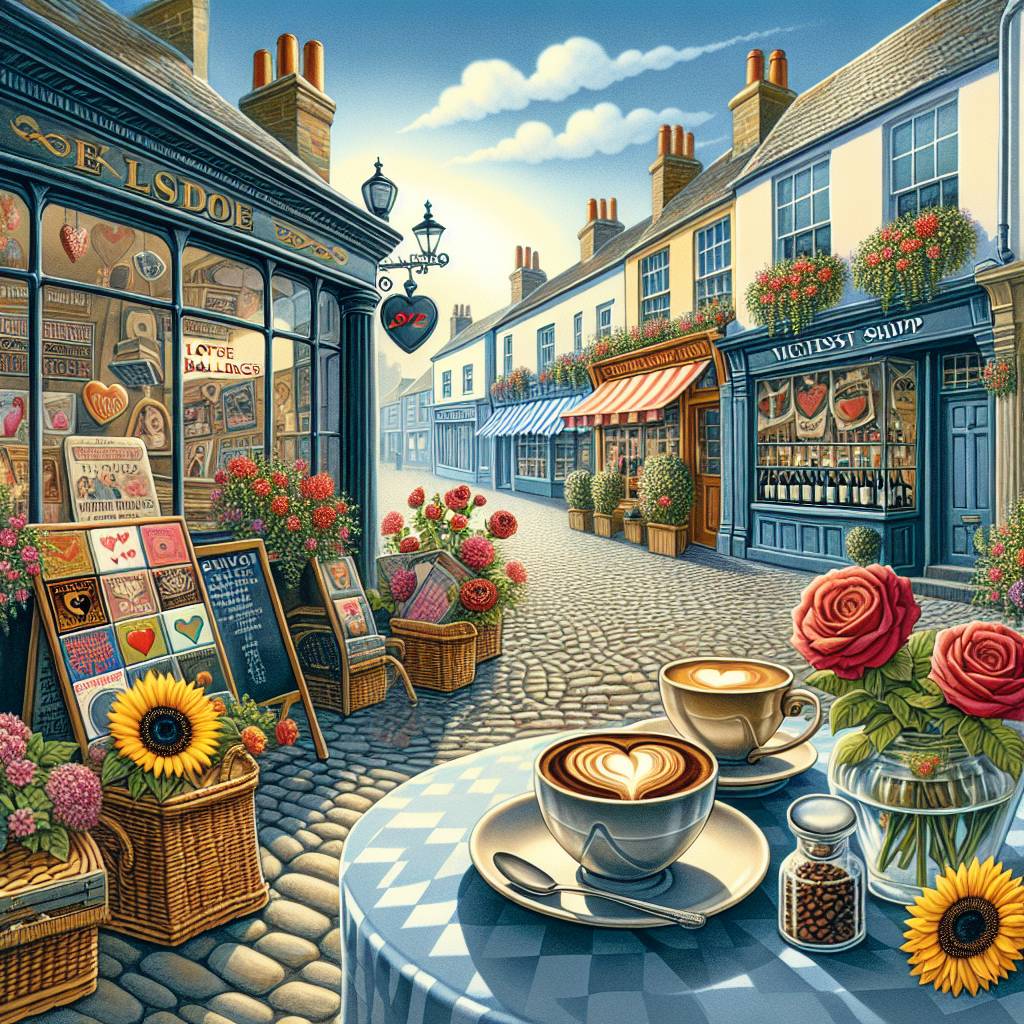 2) Valentines-day AI Generated Card - Bistro table set for two outside a café, Vinyl records, English market street town, Cappuccino on the table, Love, Sunflowers, Shops, Blue sky , Vinyl record shop, and Wine shop (95268)