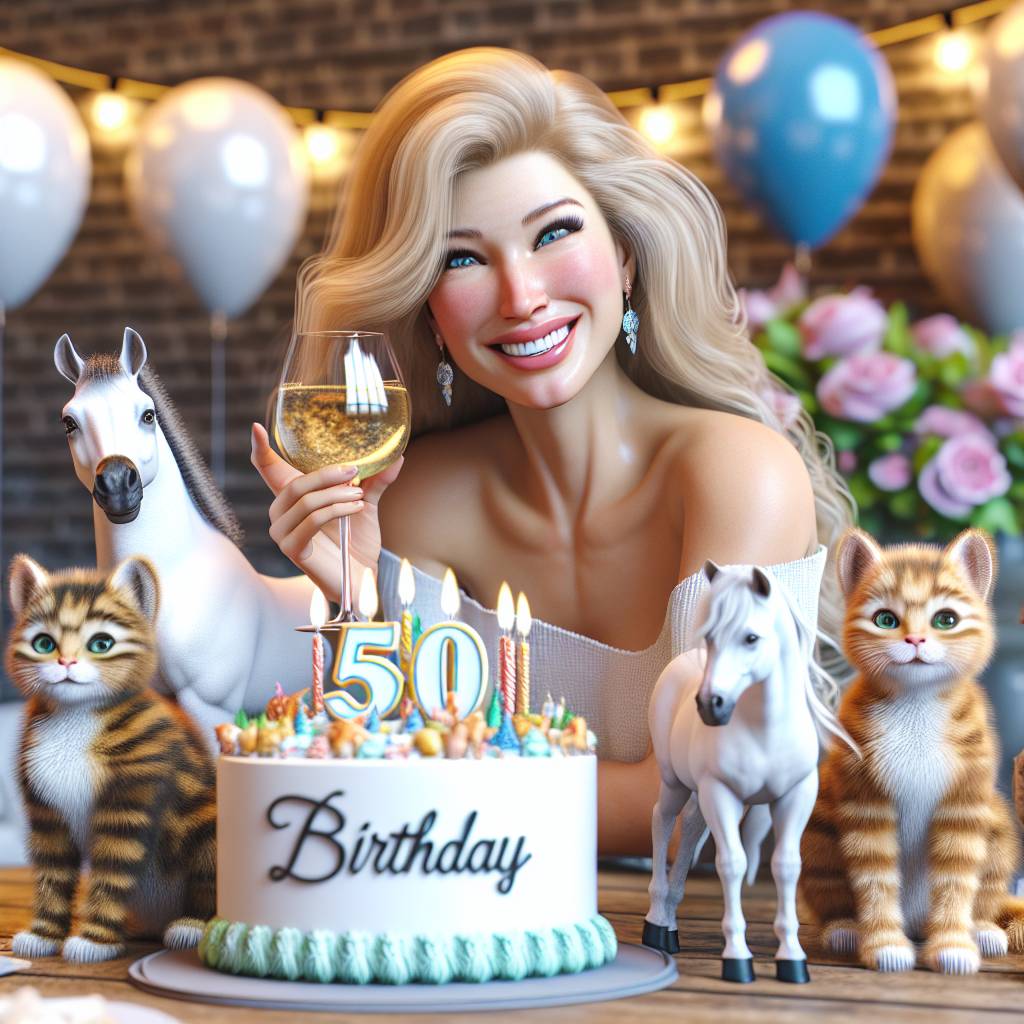 1) Birthday AI Generated Card - Horses, 3 cats, White wine, 50th birthday, and Blode woman (aba7d)