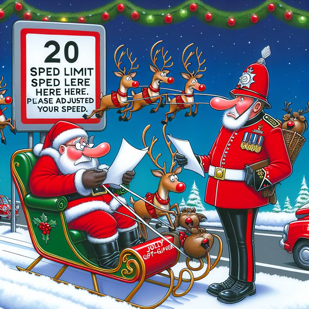 2) Christmas AI Generated Card - santa and reindeers get  speeding fine (70d0c)