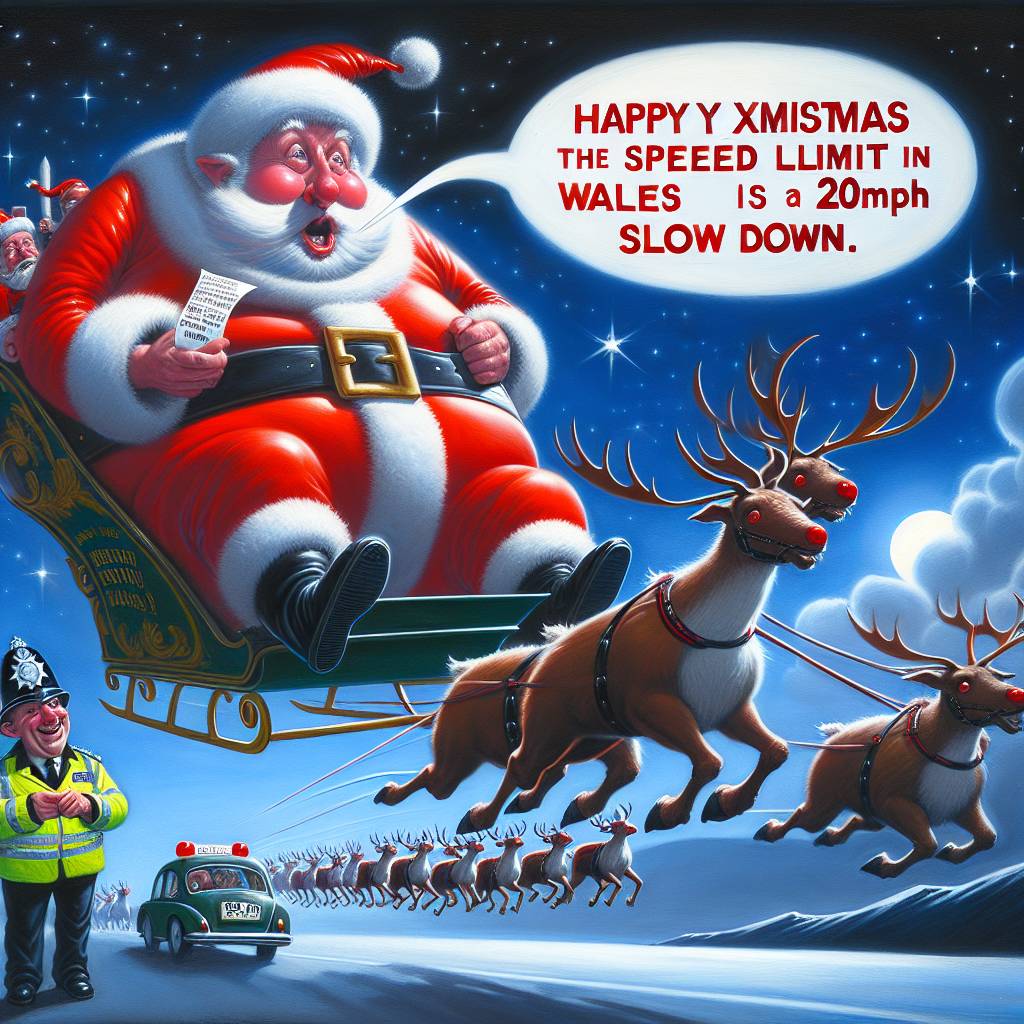 3) Christmas AI Generated Card - santa and reindeers get  speeding fine (2f277)