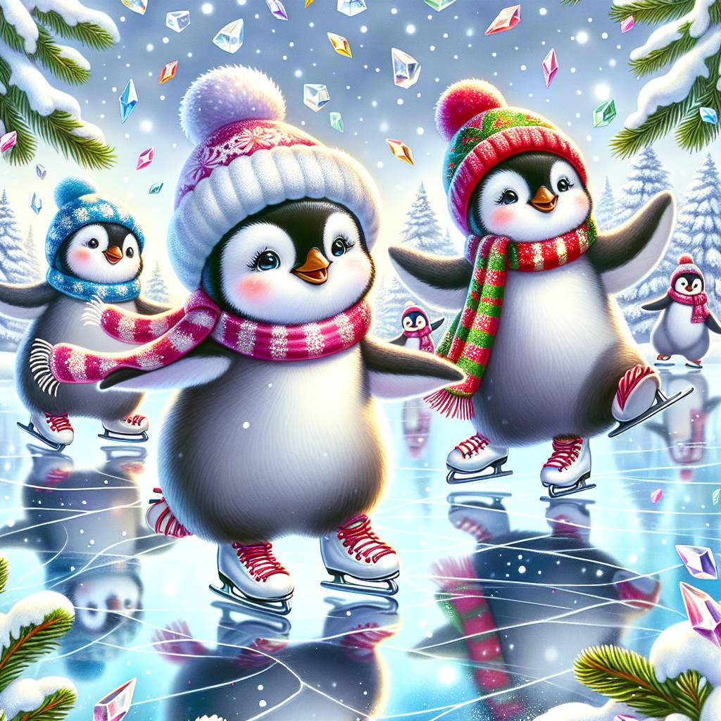 1) Christmas AI Generated Card - Penguins, Ice Skating, and Confetti (ef383)