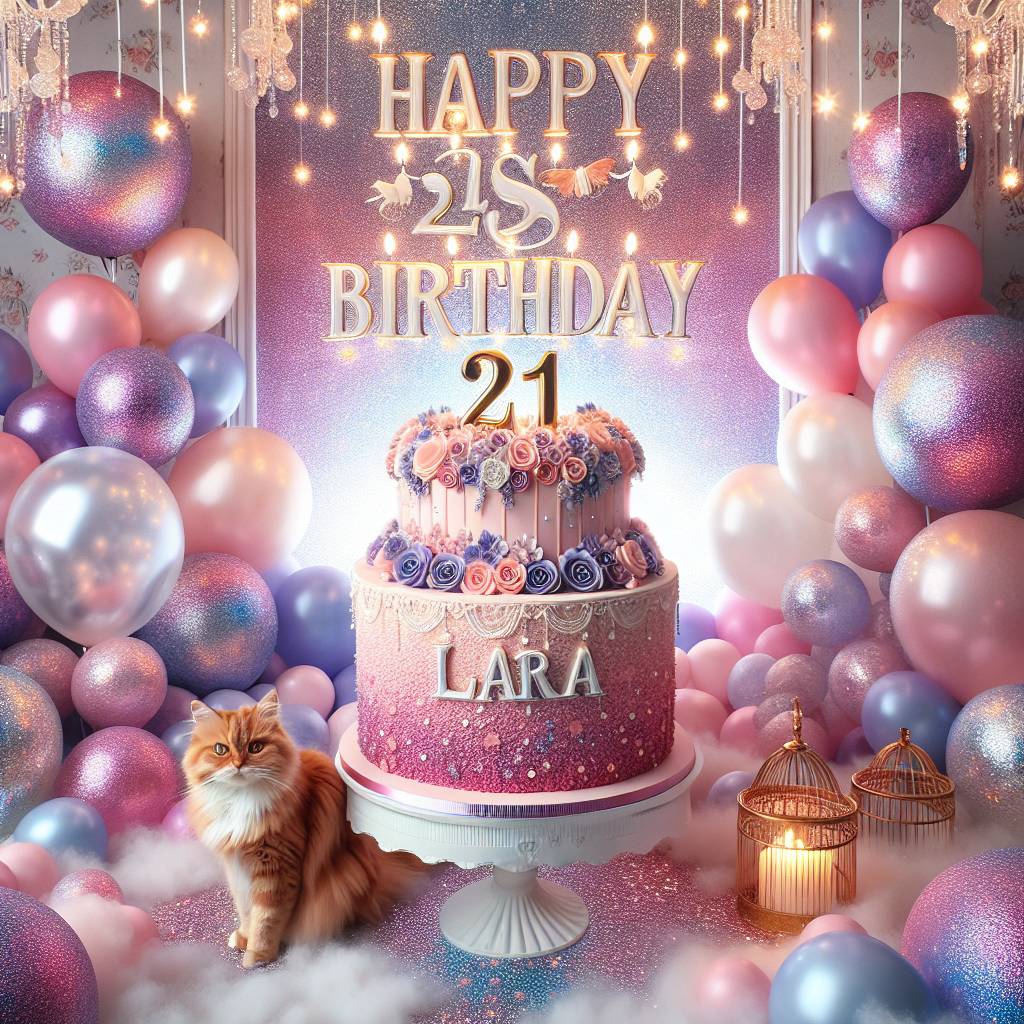 2) Birthday AI Generated Card - Ginger cat sat next to cake, Happy 21st Birthday Lara , Balloons , Glitter, and Pink, purple, blue colour theme (0e1a7)