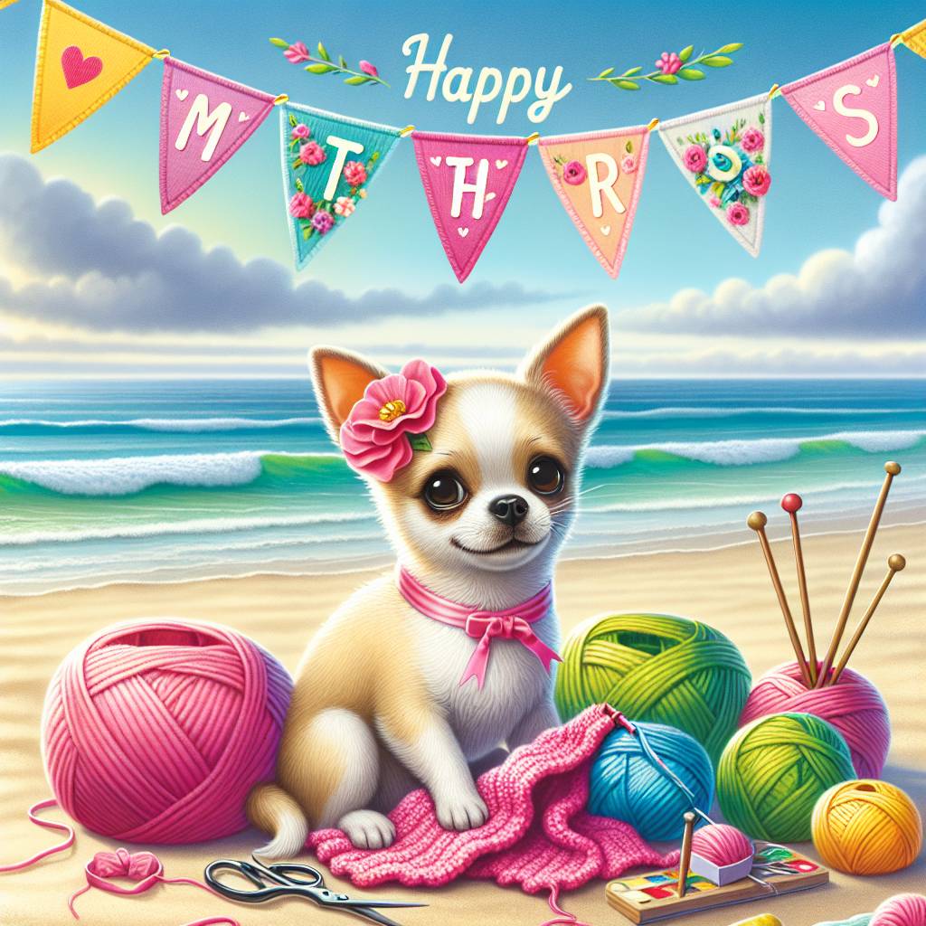 1) Mothers-day AI Generated Card - Chihuahua , Happy Mother’s Day , Knitting, and Beach (94cd8)