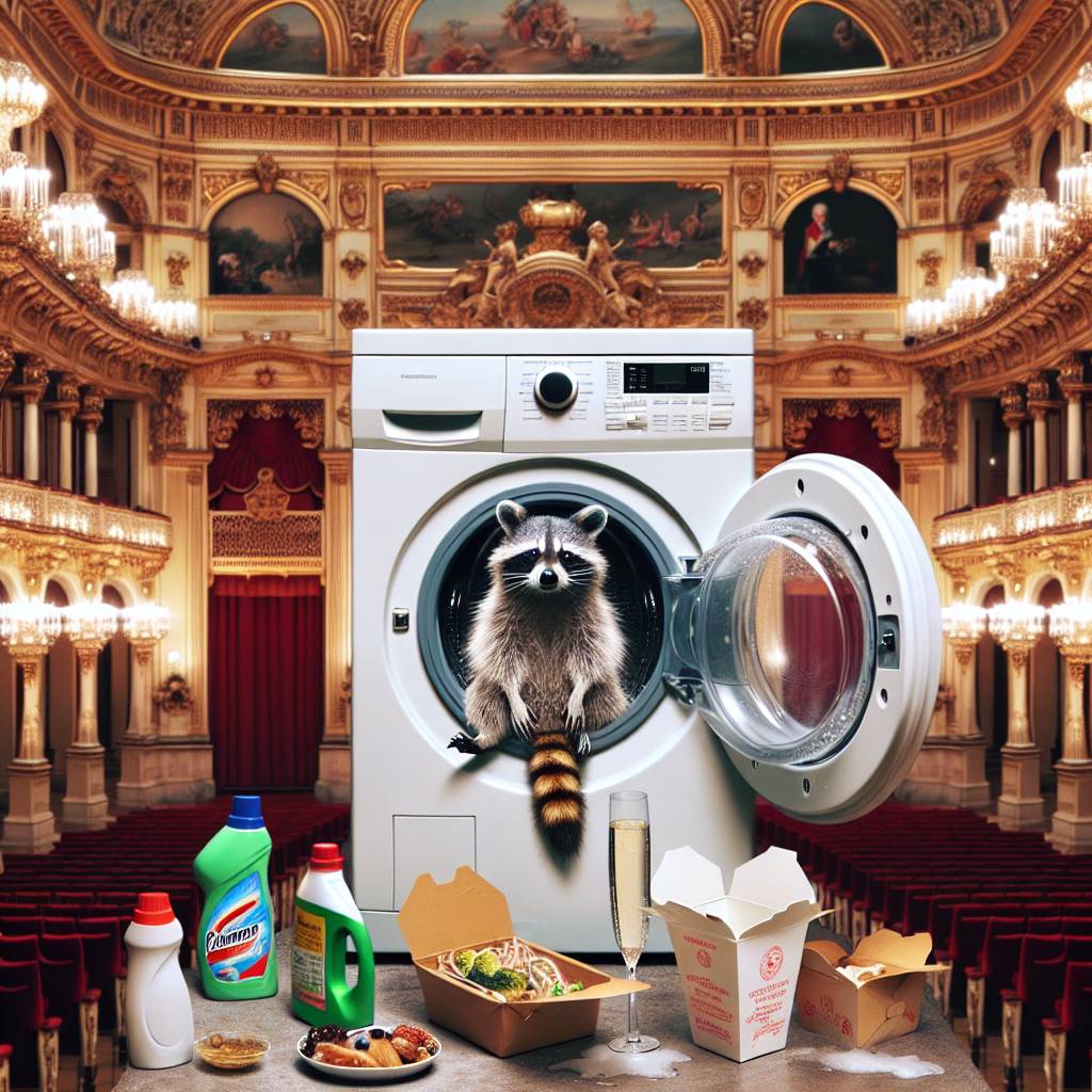 1) Birthday AI Generated Card - a 45 year old caucasian racoon with short blond hair, sitting on a washing machine in the viennese opera drinking a glass of detergent and eating asian take out (e9f96)