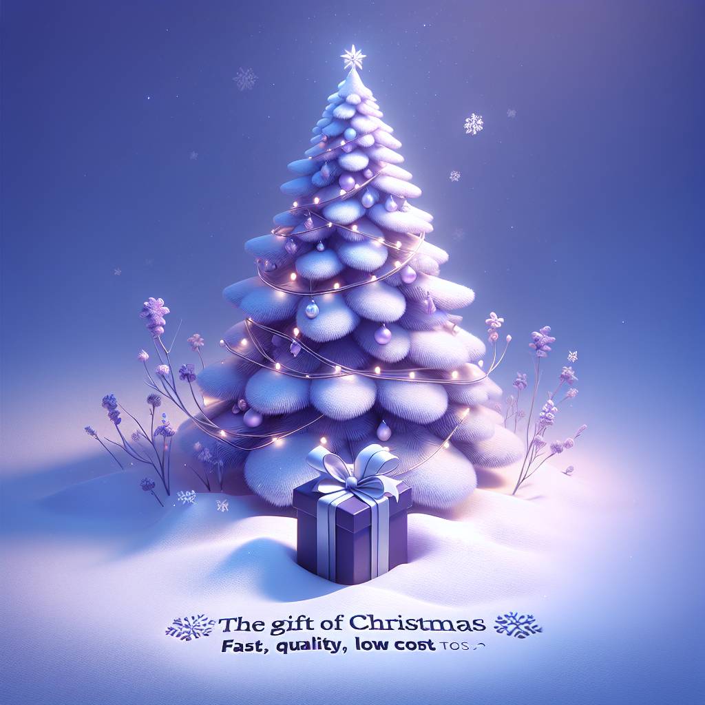 2) Christmas AI Generated Card - Christmas present , Christmas tree, Snowy , The gift of fast, quality, low cost translation - written in the snow , and Colours purple and blue  (93474)
