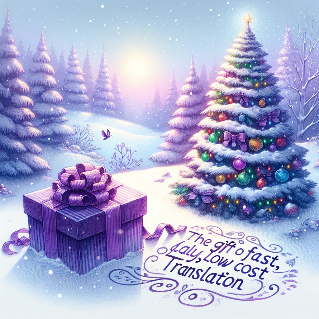 1) Christmas AI Generated Card - Christmas present , Christmas tree, Snowy , The gift of fast, quality, low cost translation - written in the snow , and Colours purple and blue  (4d525)