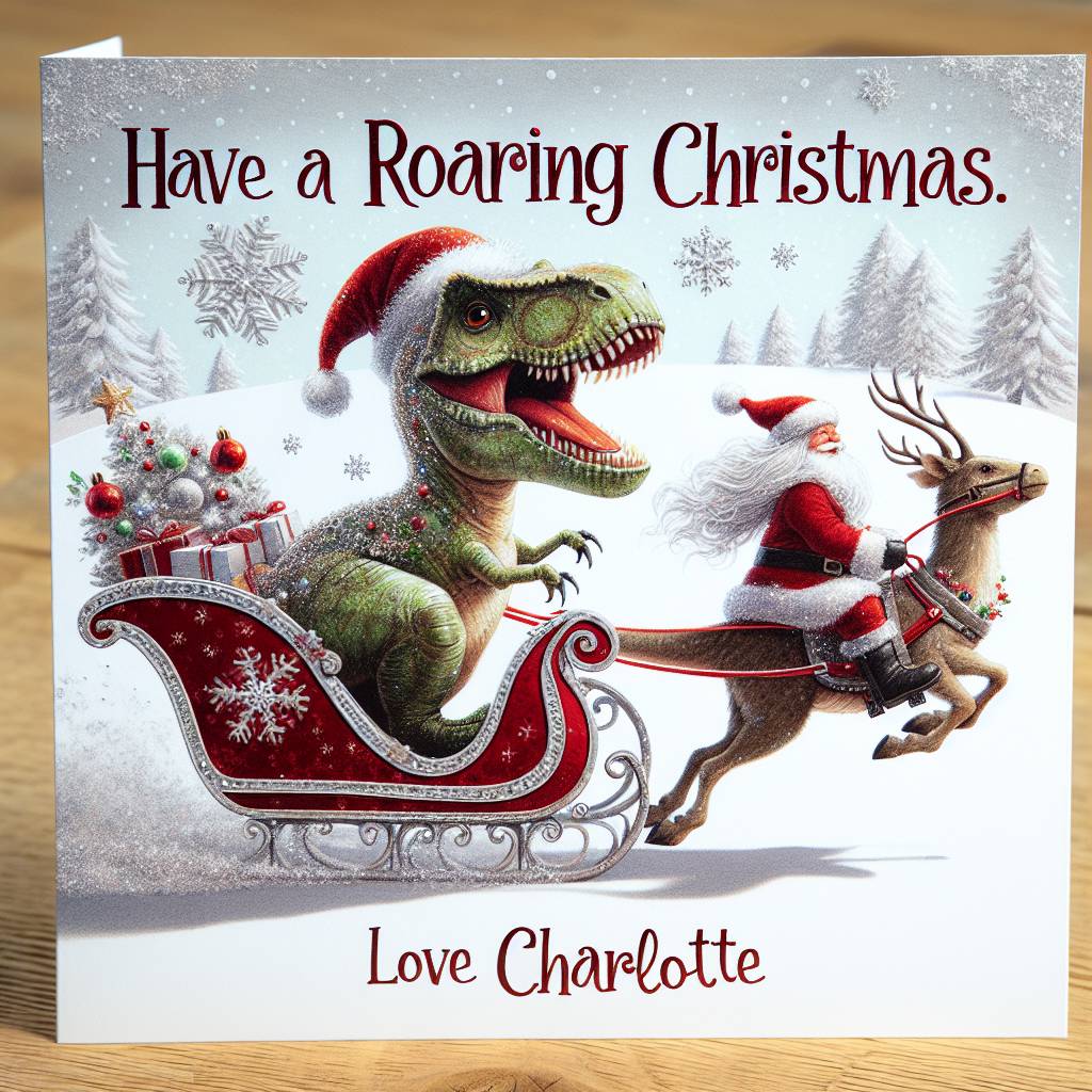 1) Christmas AI Generated Card - T-rex with a Christmas hat on, riding a sleigh with santa (55a70)