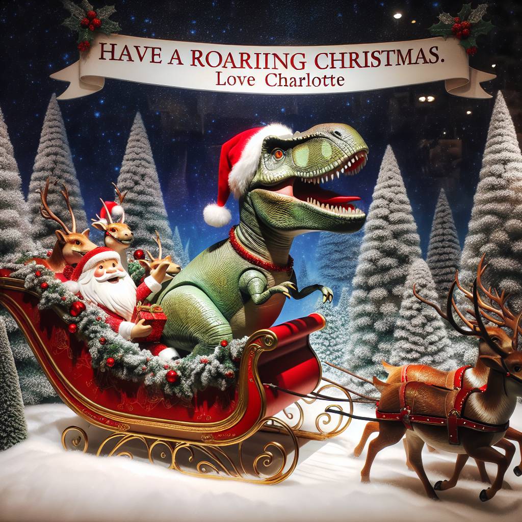 2) Christmas AI Generated Card - T-rex with a Christmas hat on, riding a sleigh with santa (d1f48)