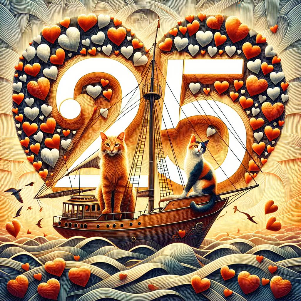1) Anniversary AI Generated Card - 25, Hearts, Sailing yacht, Ginger cat, and Black, ginger and white cat (efc86)