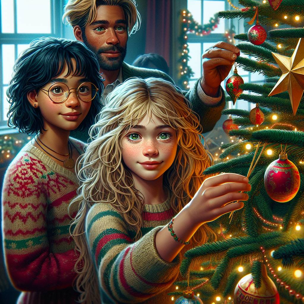 1) Christmas AI Generated Card - christmas tree with girl 10 years (blond long hair, glasses) girl 13 years (hair dark blond long and curly, no glasses), mother (overweigh, asymetric brown hair with blond at the front) and father (short brown hair, glasses, short beard), christmas tree (4ec55)