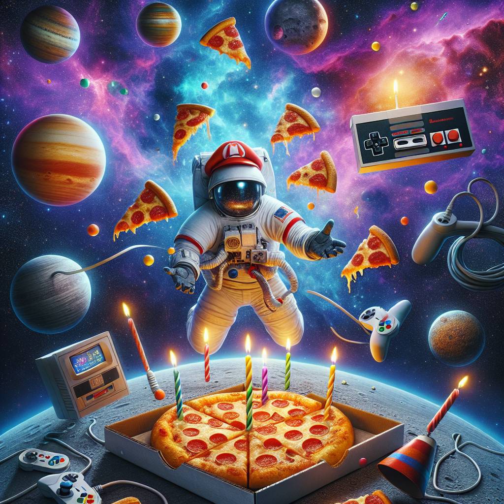 2) Birthday AI Generated Card - Space, Physics, Pizza, Gaming, and Mario (9725e)