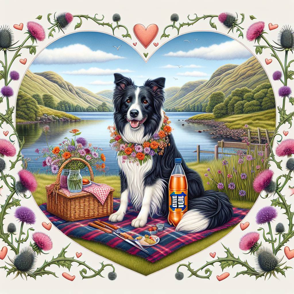 2) Valentines-day AI Generated Card - Border collie, Irn bru, and The Lake District (769c6)