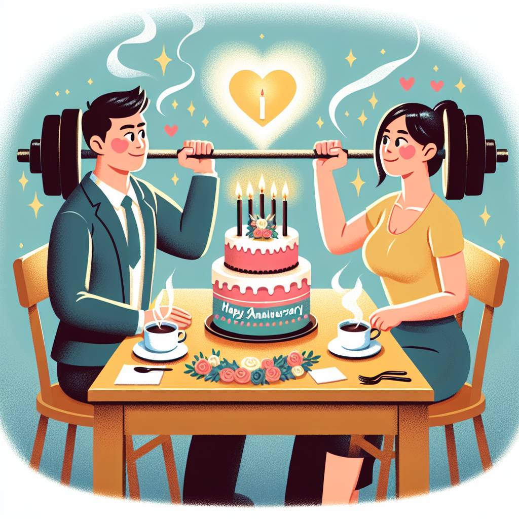 1) Anniversary AI Generated Card - Weightlifting, Cake, and Cofee (1098e)