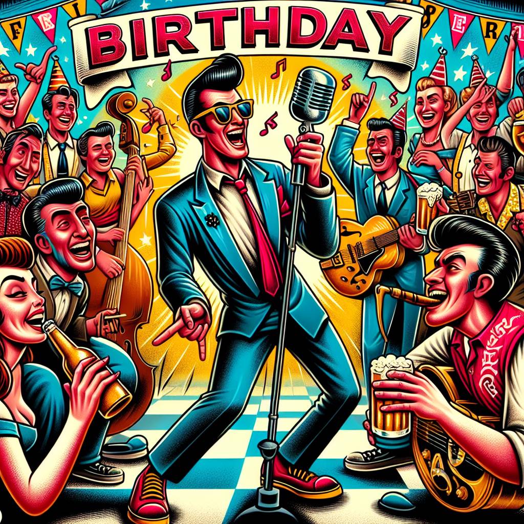 1) Birthday AI Generated Card - Beer, Elvis, and Rockabilly (236d6)