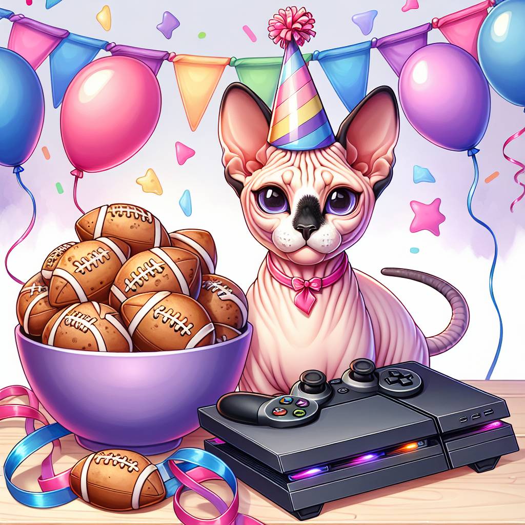 1) Birthday AI Generated Card - Sphynx cat, Football, PlayStation , and Cookies (fd7ea)
