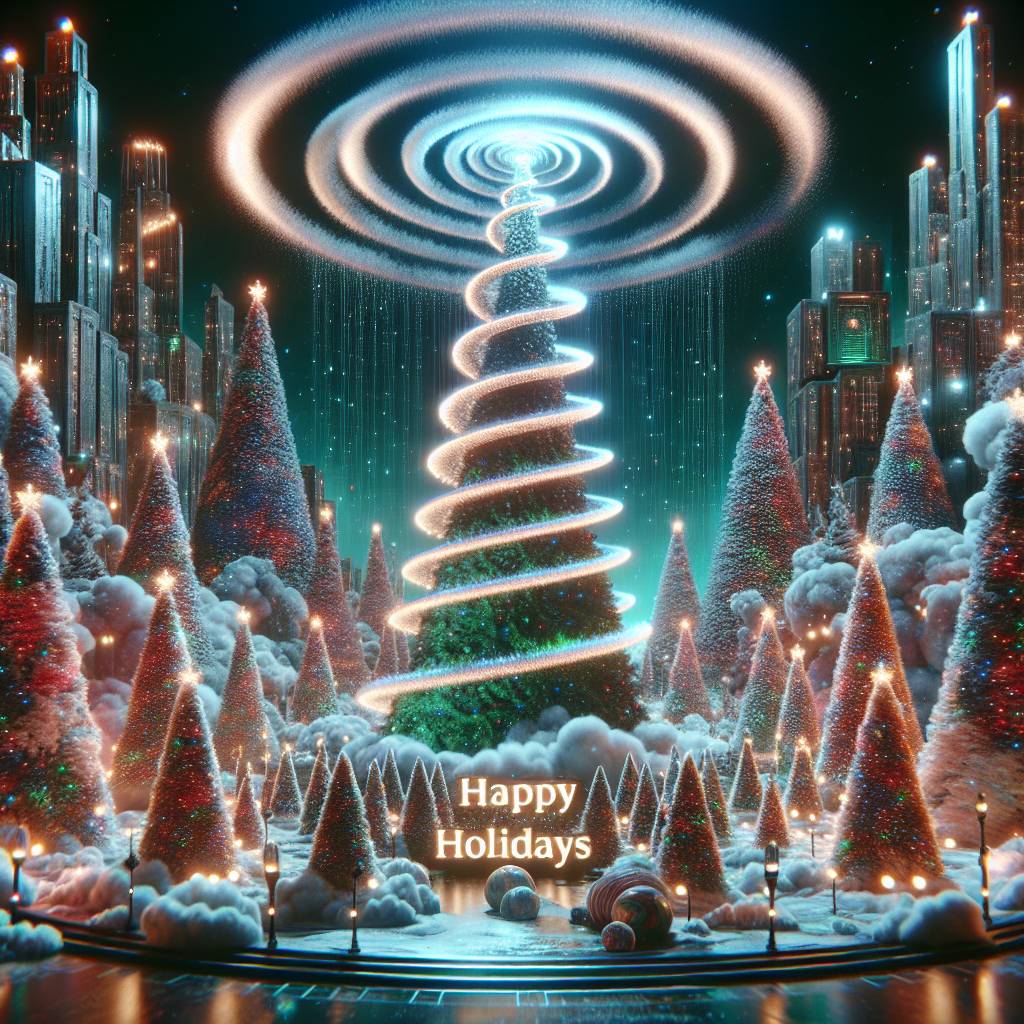 2) Christmas AI Generated Card - Christmas tree, Snowglobe, Manchester, Television studio, Dancing christmas trees, and Christmas lights (c7014)