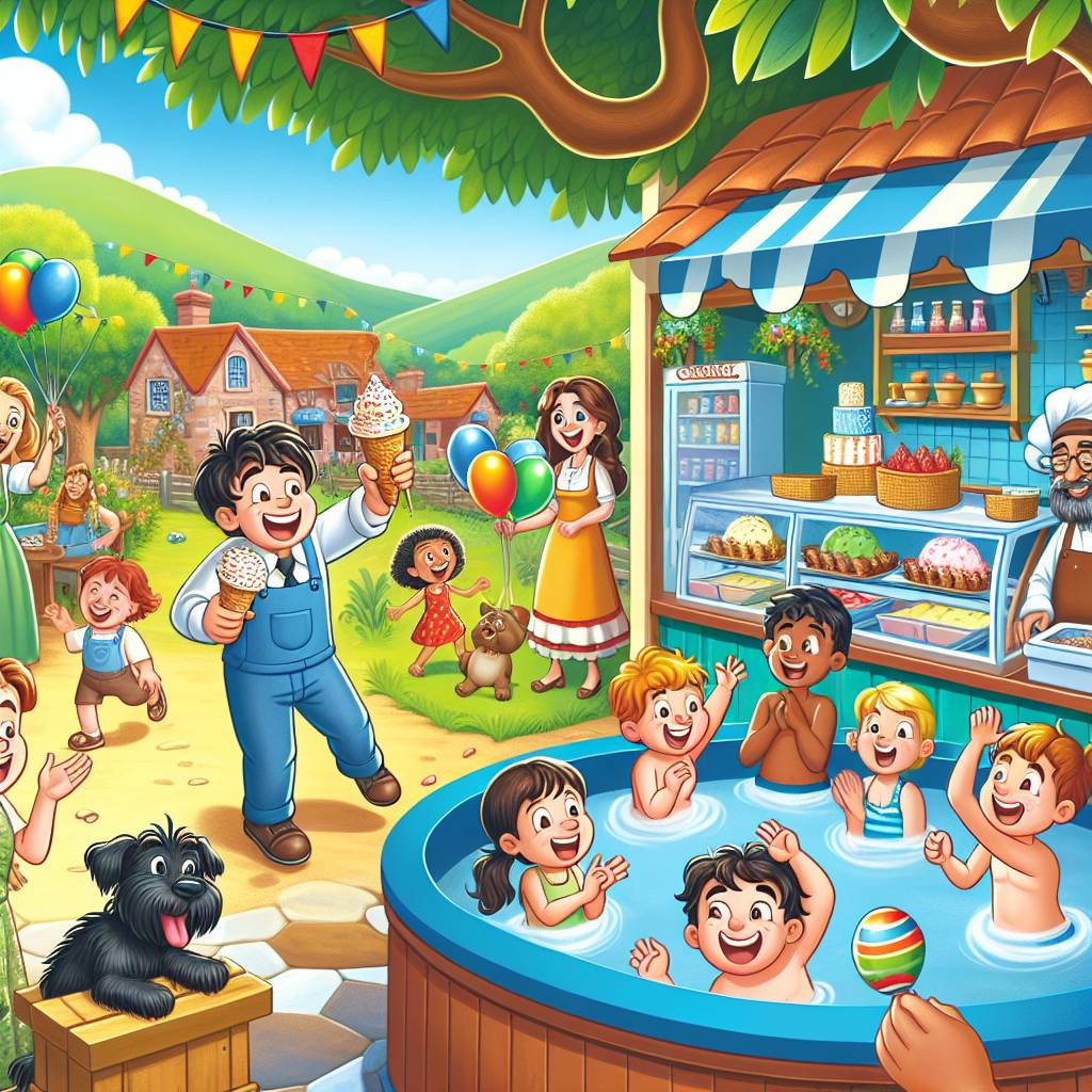 2) Birthday AI Generated Card - Brunette boy, Blonde girl, Brunette woman, Black haired man, Ice cream shop, Ginger woman, Paddling pool, Black dog, Swing, and Countryside (89235)