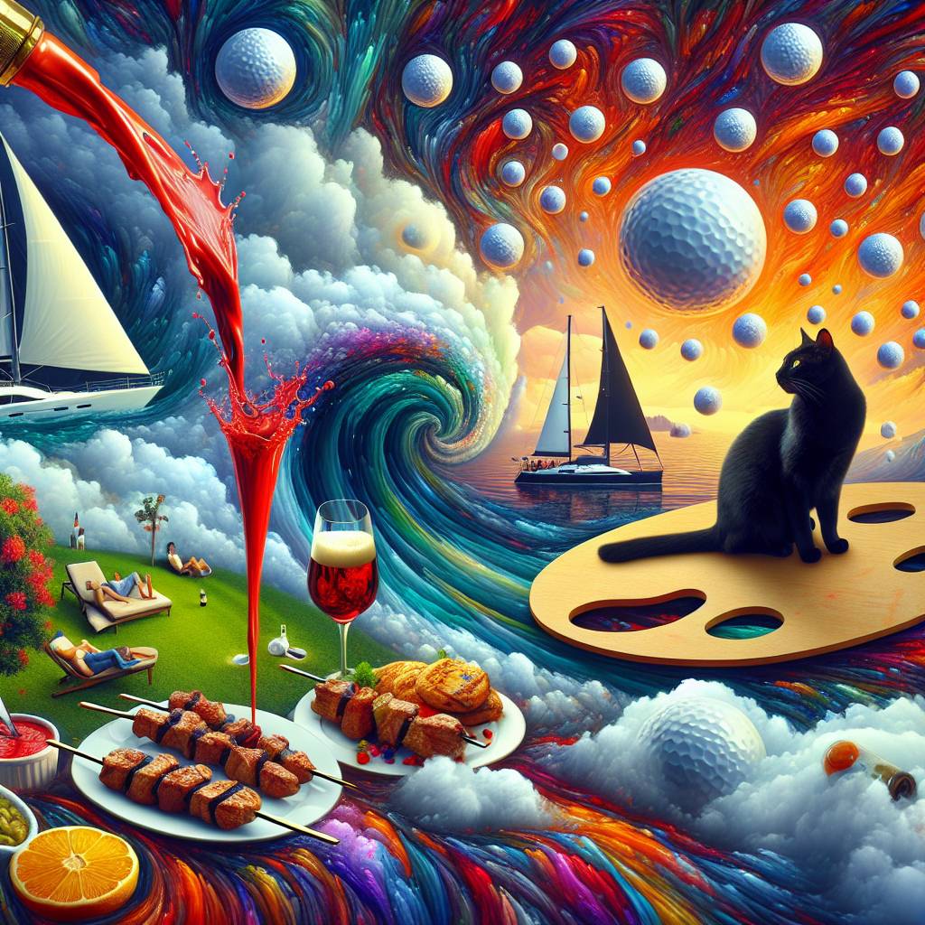 1) Anniversary AI Generated Card - Black cat, Yachts, Golf, Red wine, Kebabs, Beer, and Sleeping (019c5)