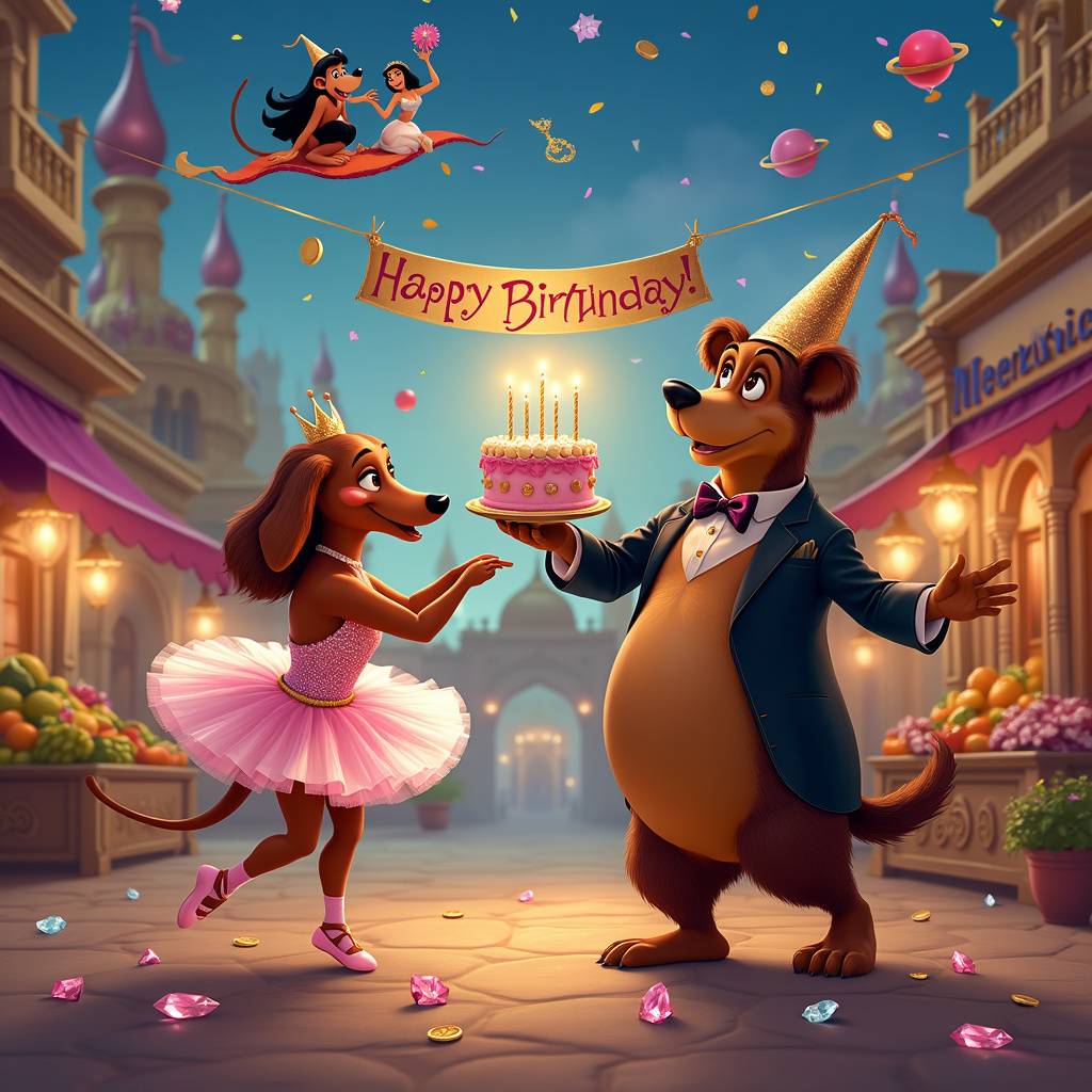 1) Birthday AI Generated Card - Sausage dog ballerina dancing with a bear, Birthday , Funny, Look human like, and Dancing on a Disney Aladdin set  (df070)