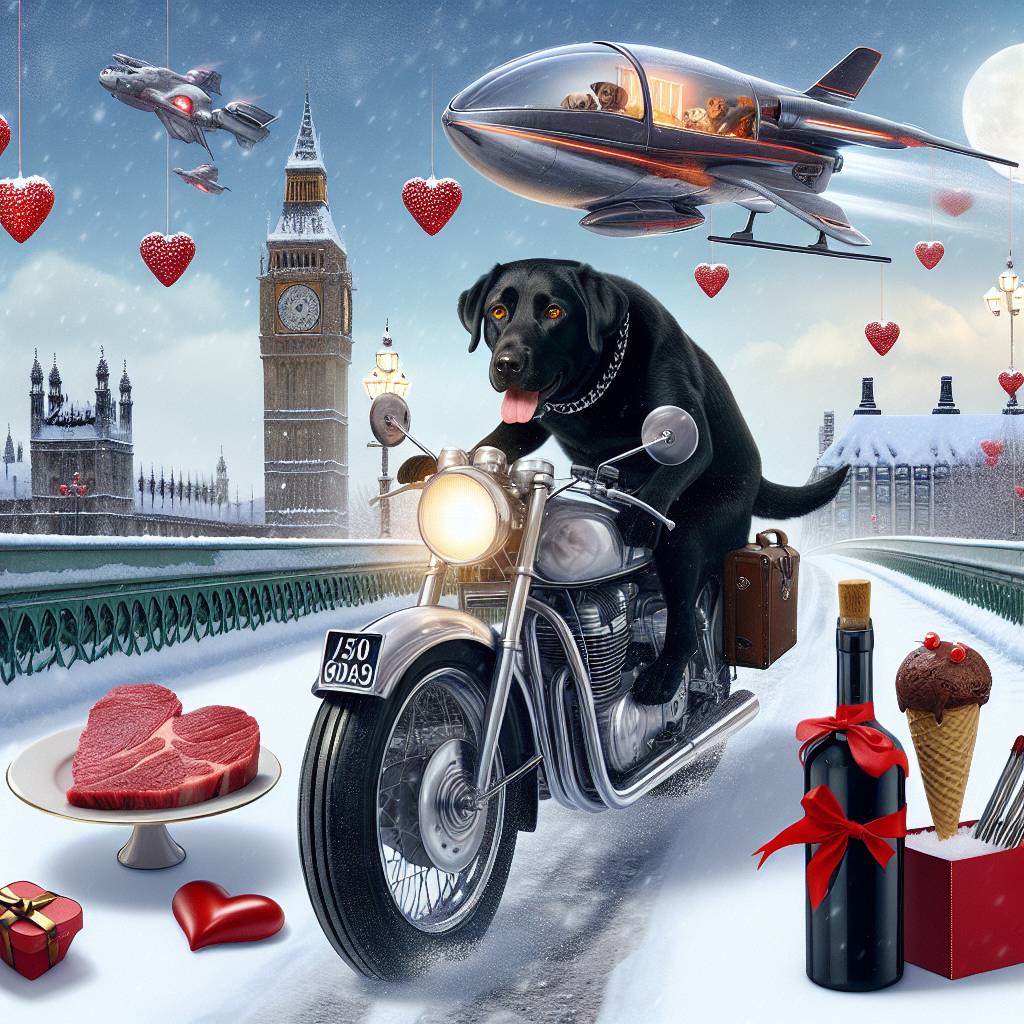 2) Valentines-day AI Generated Card - Black Labrador riding a sports motorbike, Tyne bridge, Heart shaped steak in ice cream cone, Whiskey, Snow, Star Wars X wing fighter, and Romantic  (43597)
