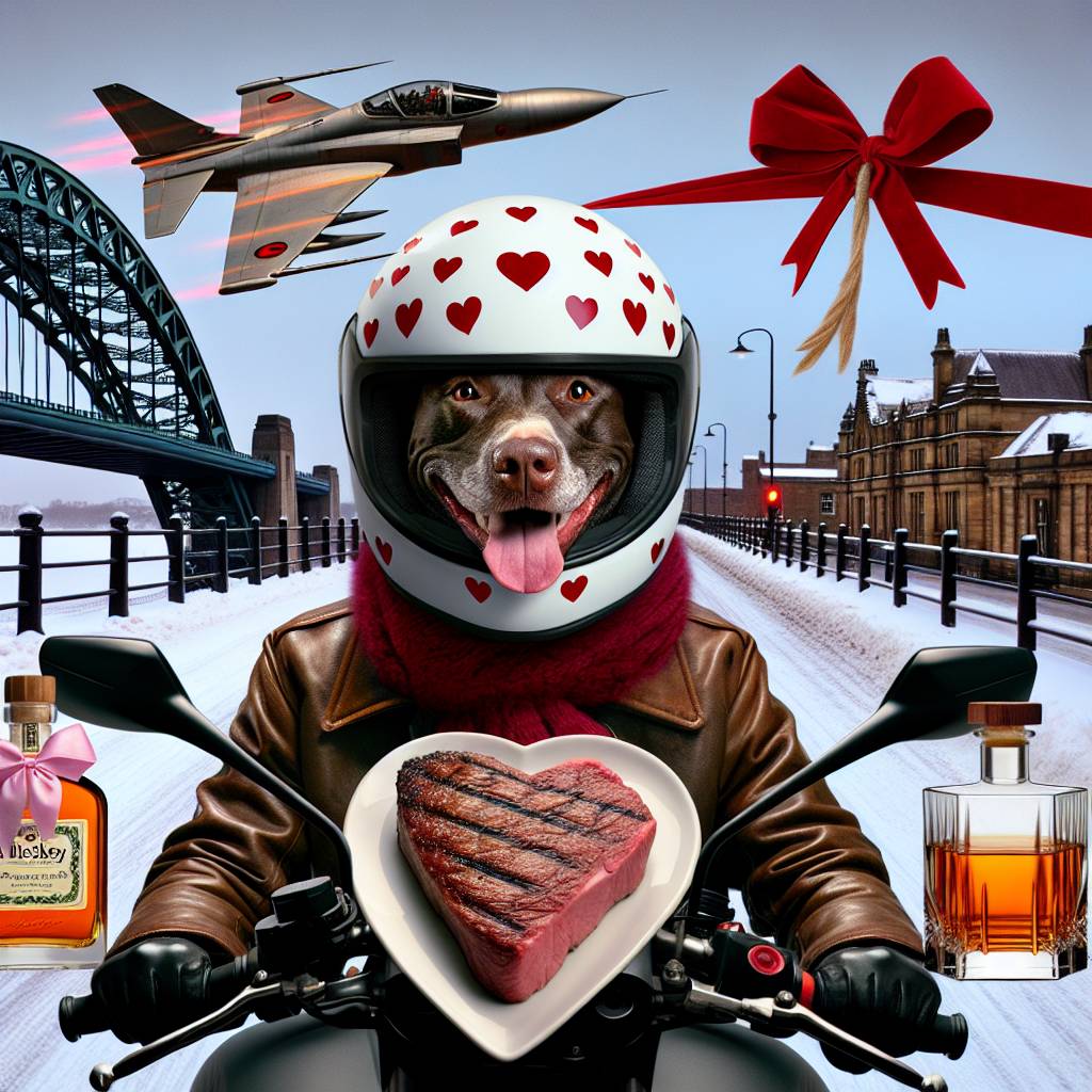 1) Valentines-day AI Generated Card - Black Labrador riding a sports motorbike, Tyne bridge, Heart shaped steak in ice cream cone, Whiskey, Snow, Star Wars X wing fighter, and Romantic  (4d435)