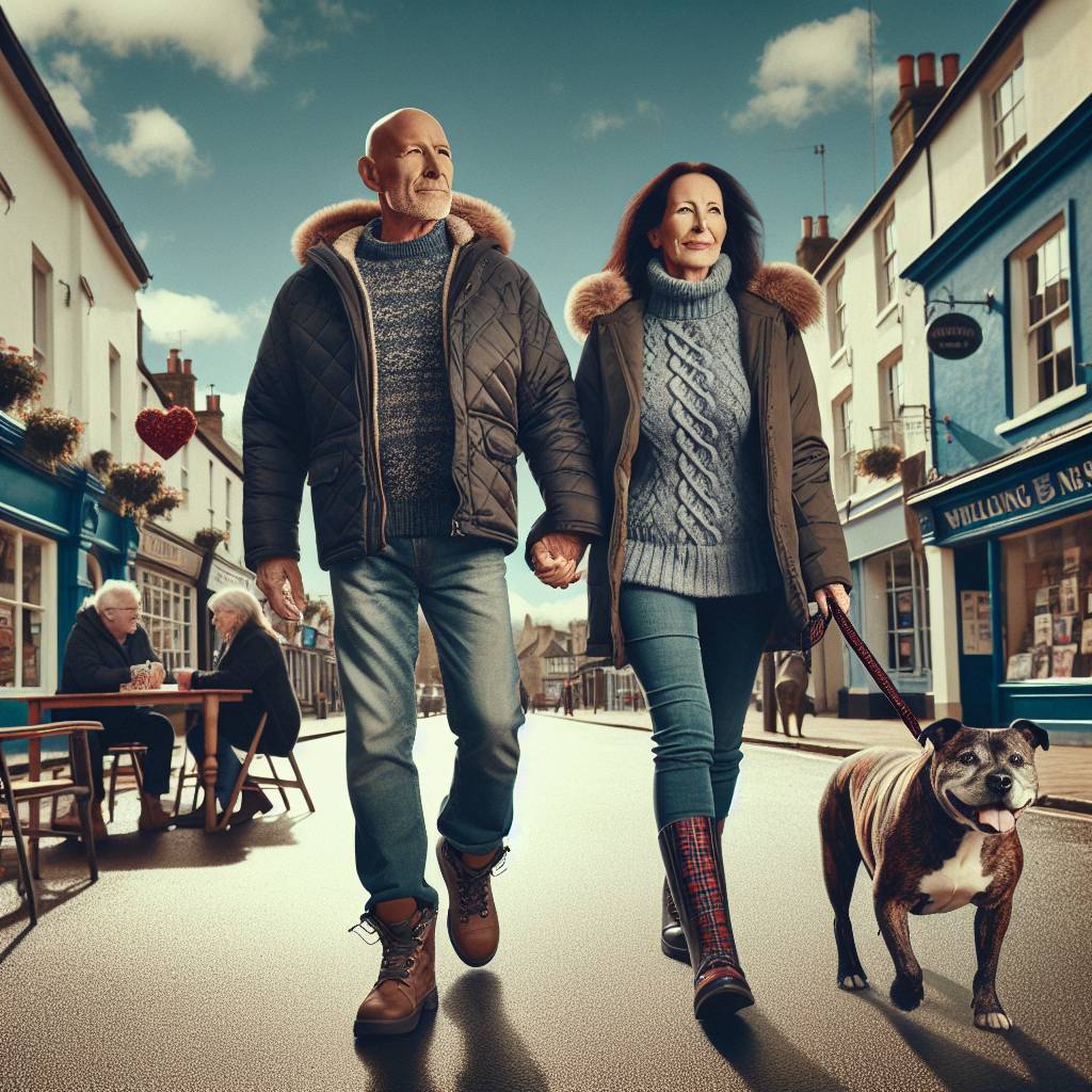 1) Valentines-day AI Generated Card - The back of a white British couple. middle aged, late 50s. brown haired bald headed man, clean shaven, slim build. Brunette shoulder length hair lady, overweight. Wearing padded jacket and walking boots. Walking holding hands, with an old chubby brindle Staffordshire bull terrier on a lead., Buying vinyl records, English market town street, Tables outside a pub, Blue sky, Love, and Happy Valentine's (abde2)