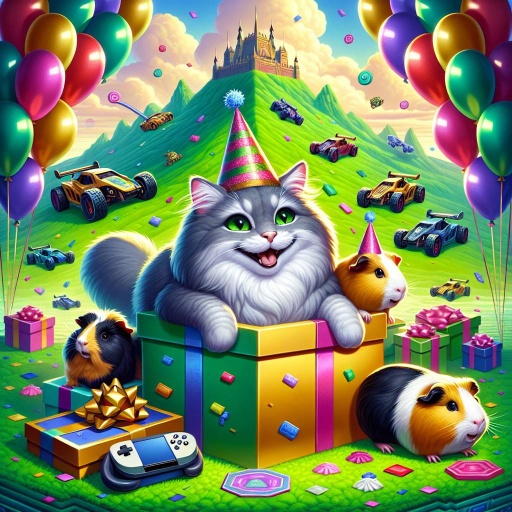 1) Birthday AI Generated Card - Grey Siberian cat , Ginger and white guinea pig , Ginger white and black guinea pig , Lord of the rings , X box , and Jdm cars (47b22)