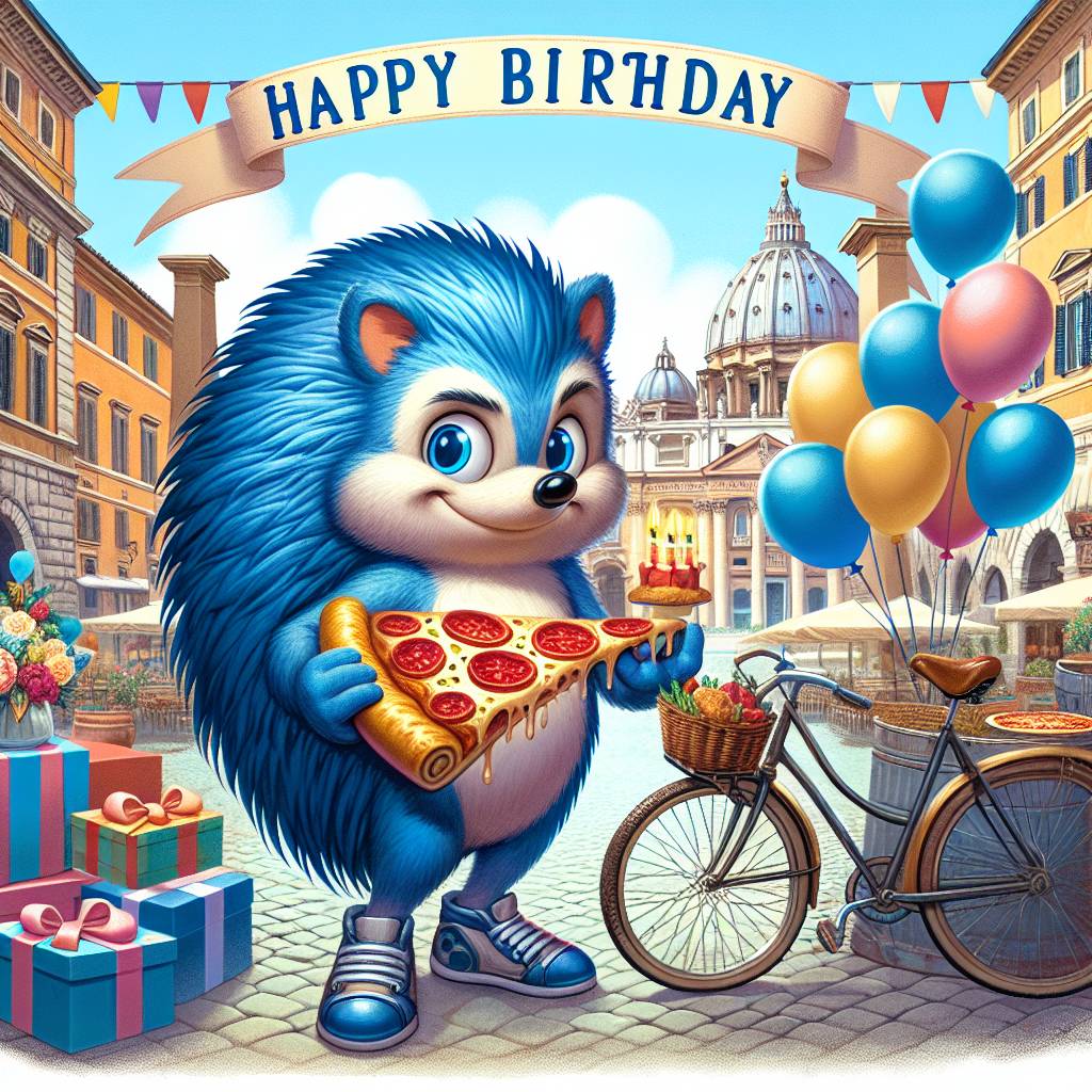 1) Birthday AI Generated Card - Sonic the hedgehog, Pizza, Bicycle , and Rome (516d7)