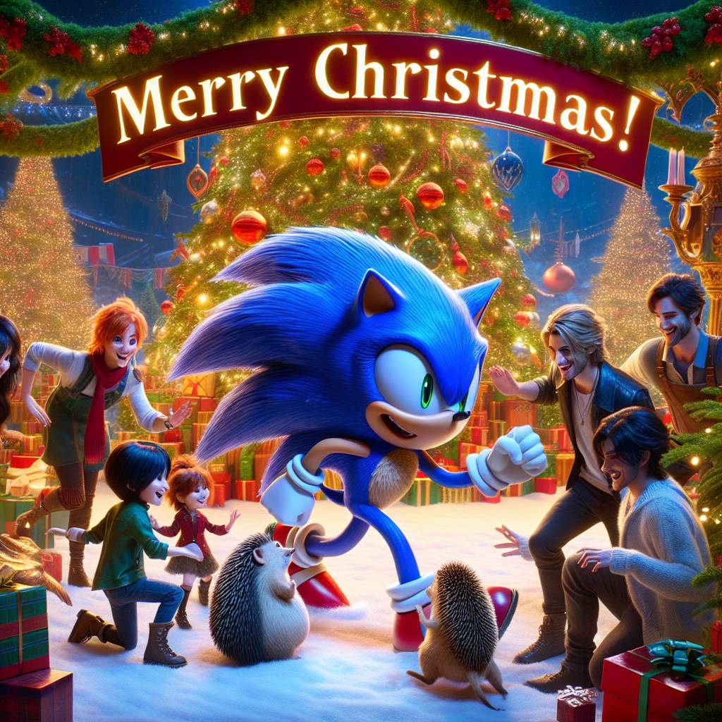 4) Christmas AI Generated Card - All the Nintendo characters as a gang bullying sonic the hedgehog underneath a Christmas tree   (f53f1)