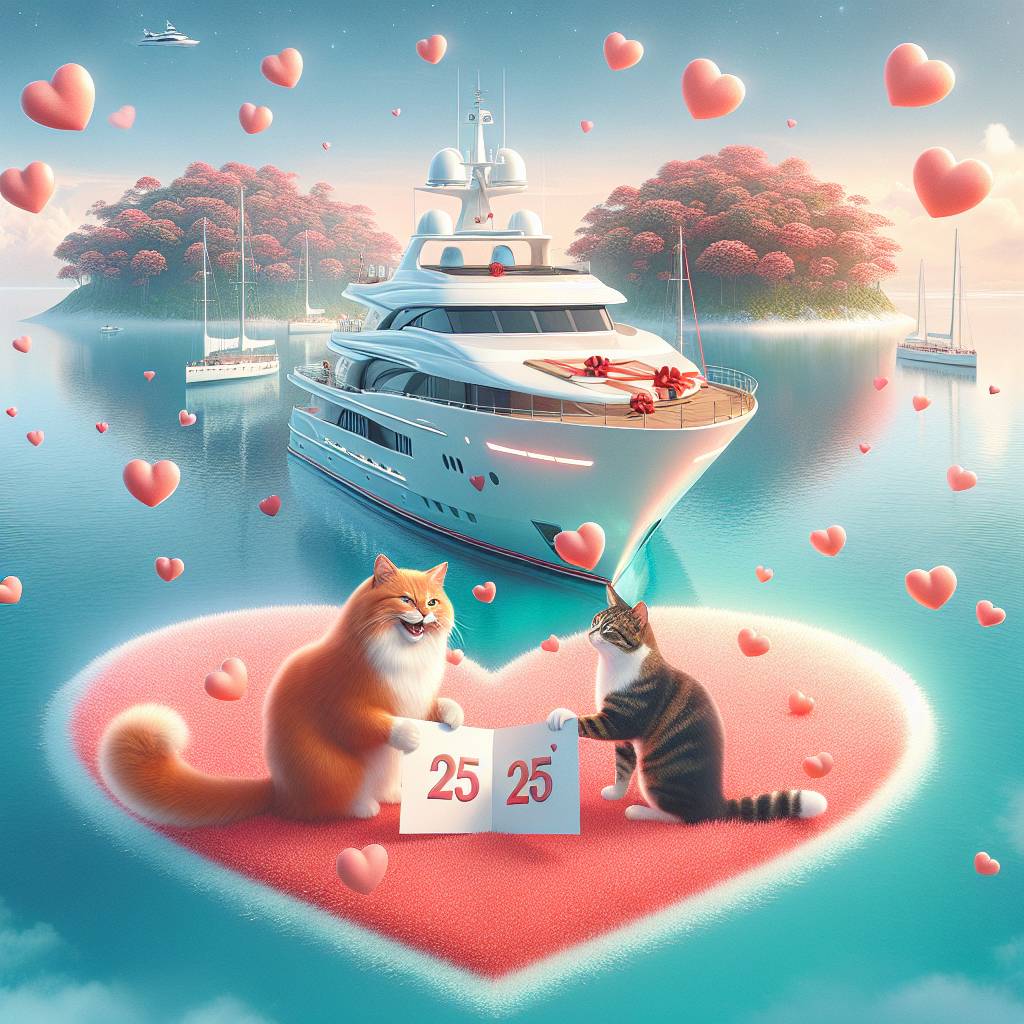 1) Valentines-day AI Generated Card - 25 years Anniversary, Yacht, Ginger cat, Black, ginger and white cat, and Hearts (fb7fc)
