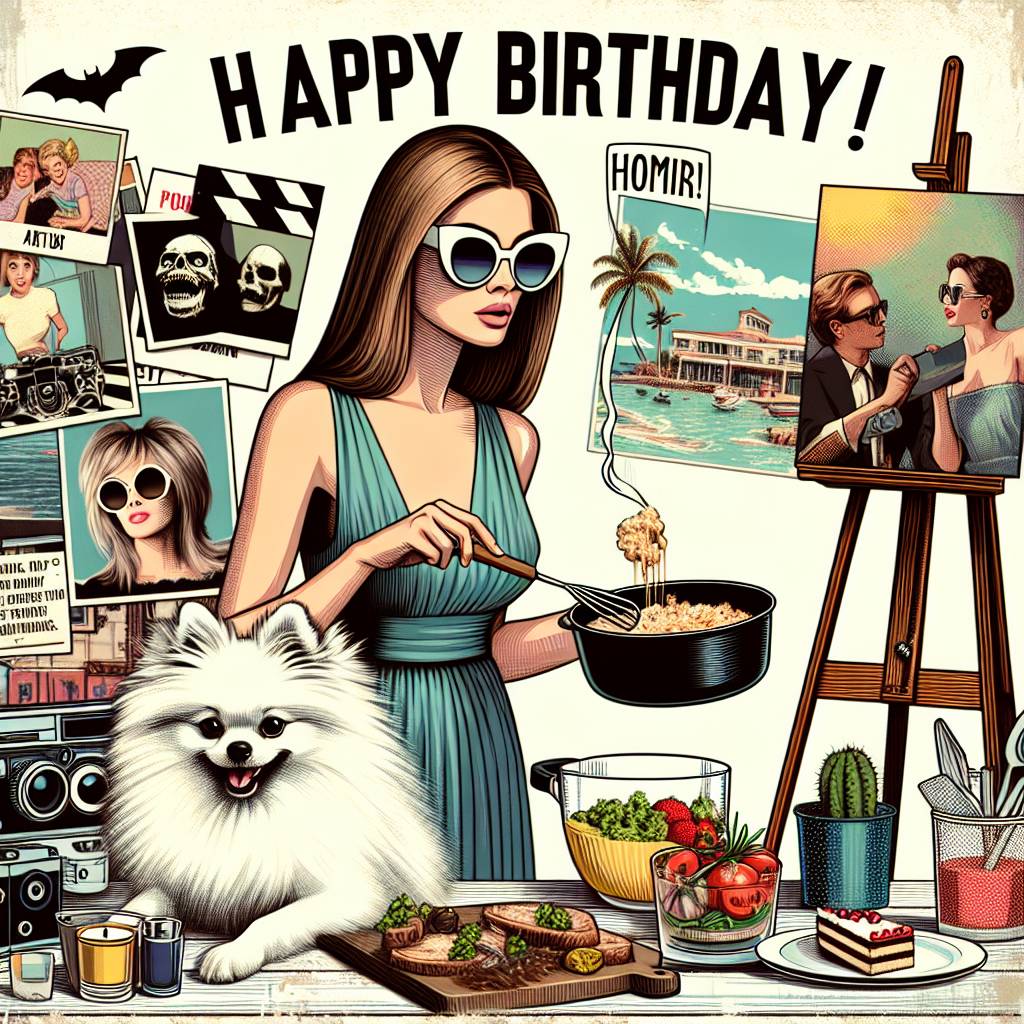 3) Birthday AI Generated Card - Cooking, Art, Horror movies, Comedy movies, Traveling, Cyprus, Photo shoots, Rhythmic music, Housekeeping, Fashion,  White Pomeranian with black nose, Slim figure Straight Light Brown hair in front, and Stylish sunglasses (7a9bd)