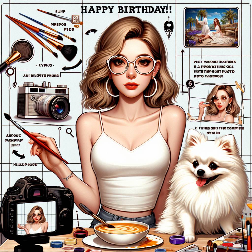 4) Birthday AI Generated Card - Cooking, Art, Horror movies, Comedy movies, Traveling, Cyprus, Photo shoots, Rhythmic music, Housekeeping, Fashion,  White Pomeranian with black nose, Slim figure Straight Light Brown hair in front, and Stylish sunglasses (00833)